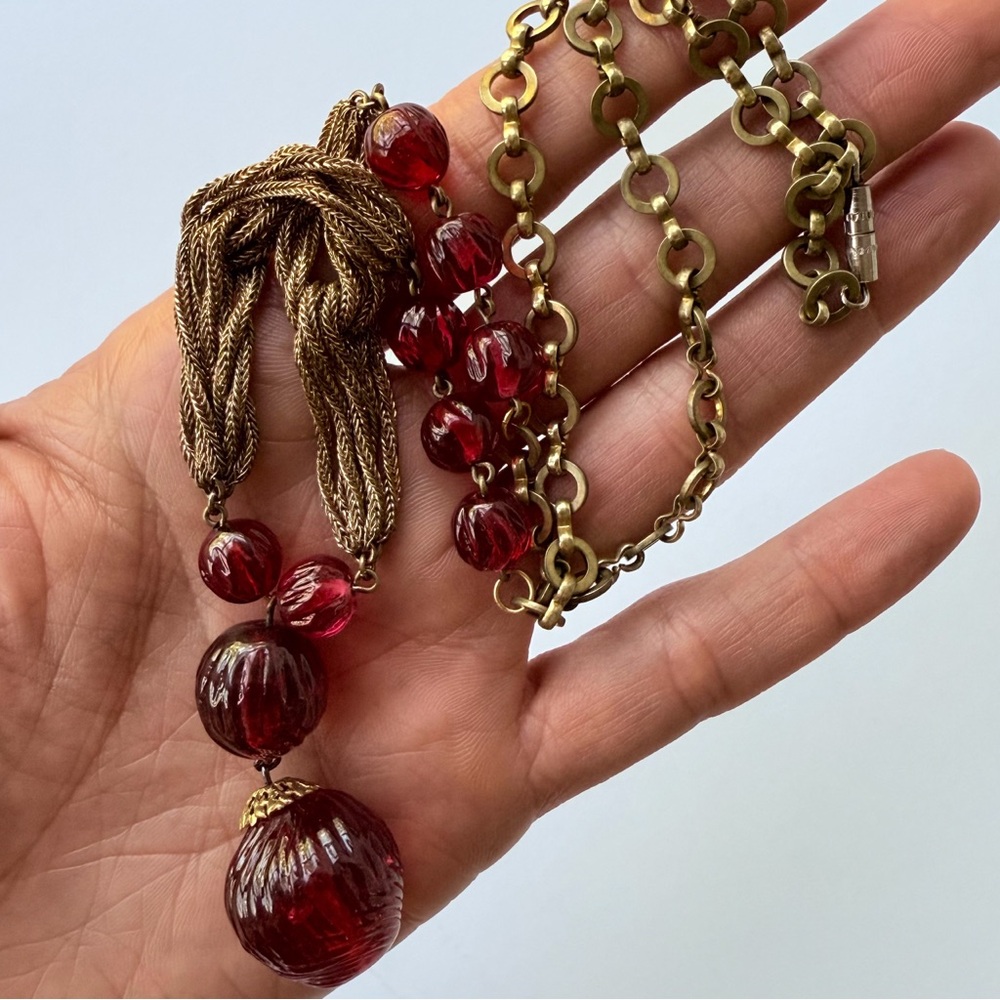 Vintage Louis Rousselet French Couture Red Glass Melon Bead Drop Chain Necklace - Picture 3 of 16